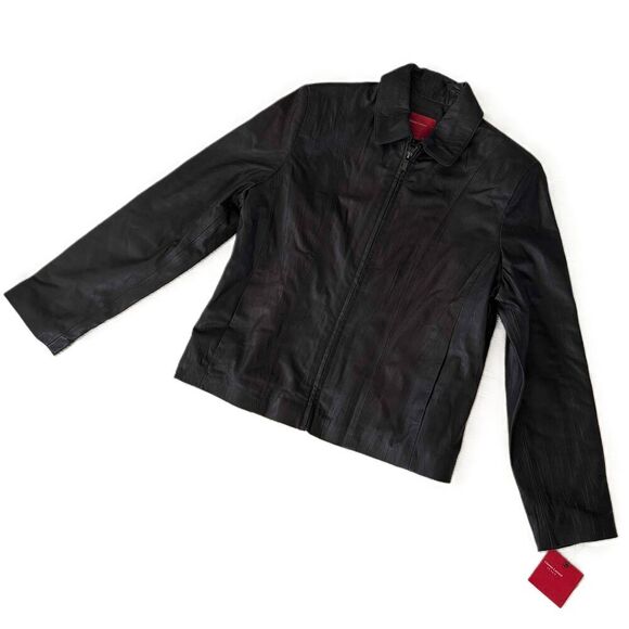 NWT Gianna Lorenzi Italy Leather Jacket L Large Full Zip Biker Black - Picture 1 of 5